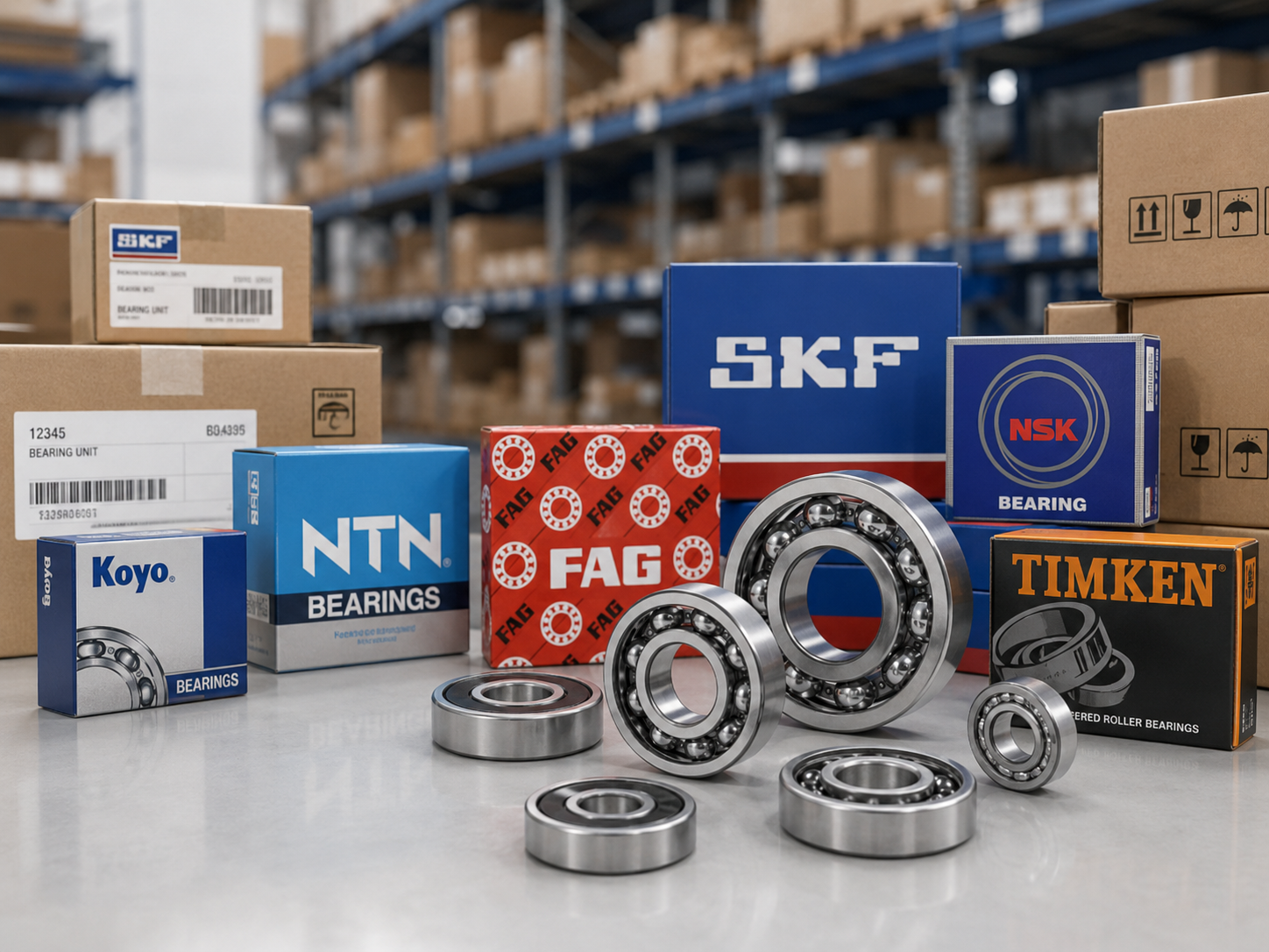 ASL Rulman deposunda raflarda dizili SKF, FAG, NSK, NTN, Timken ve Koyo rulman kutuları